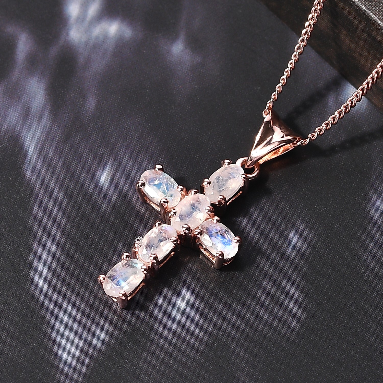 Rainbow Moonstone Cross Pendant Necklace in 925 Sterling Silver June Birthstone