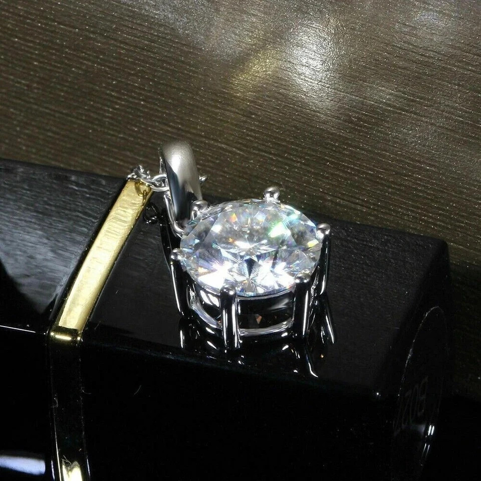 3Ct Round Cut Real Moissanit Solitaire Pendant 14K White Gold Finish Free Chain