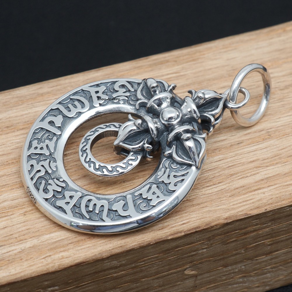 NEW Pure 999 Fine Silver Pendant Vintage Style Buddhist Sutra Circle Pendant