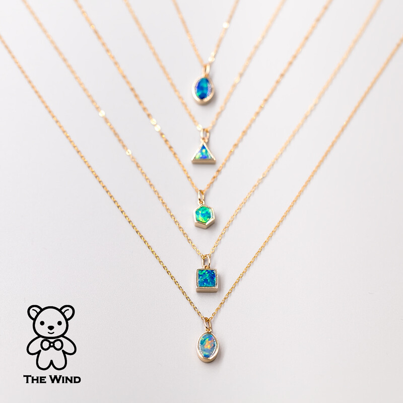 Minimalist Triangle Australian Doublet Opal Pendant Necklace 14K Yellow Gold