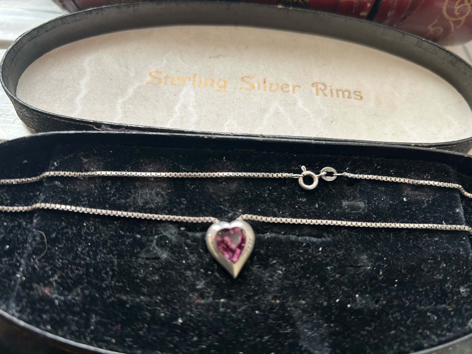 925 Silver Chain 14” With Silver Heart Pendant Unknown Purple Stone /glass