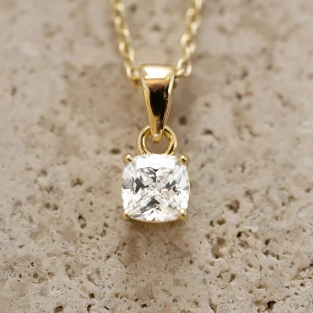 2CT Cushion Cut Lab Created Diamond Solitaire Pendant 14K Yellow Gold Plated
