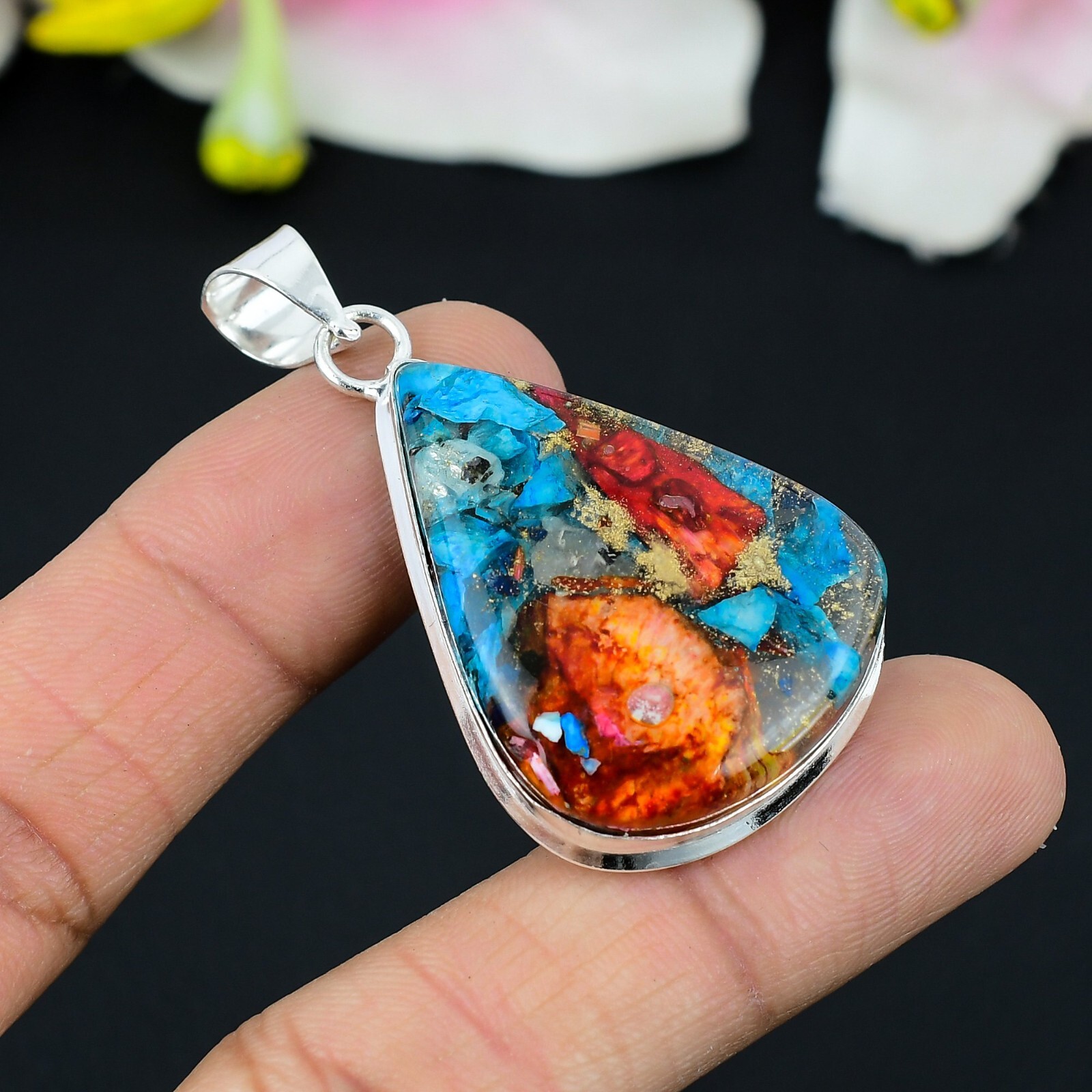 Oyster Copper Turquoise Gemstone 925 Sterling Silver Pendant Jewelry 2.3in”