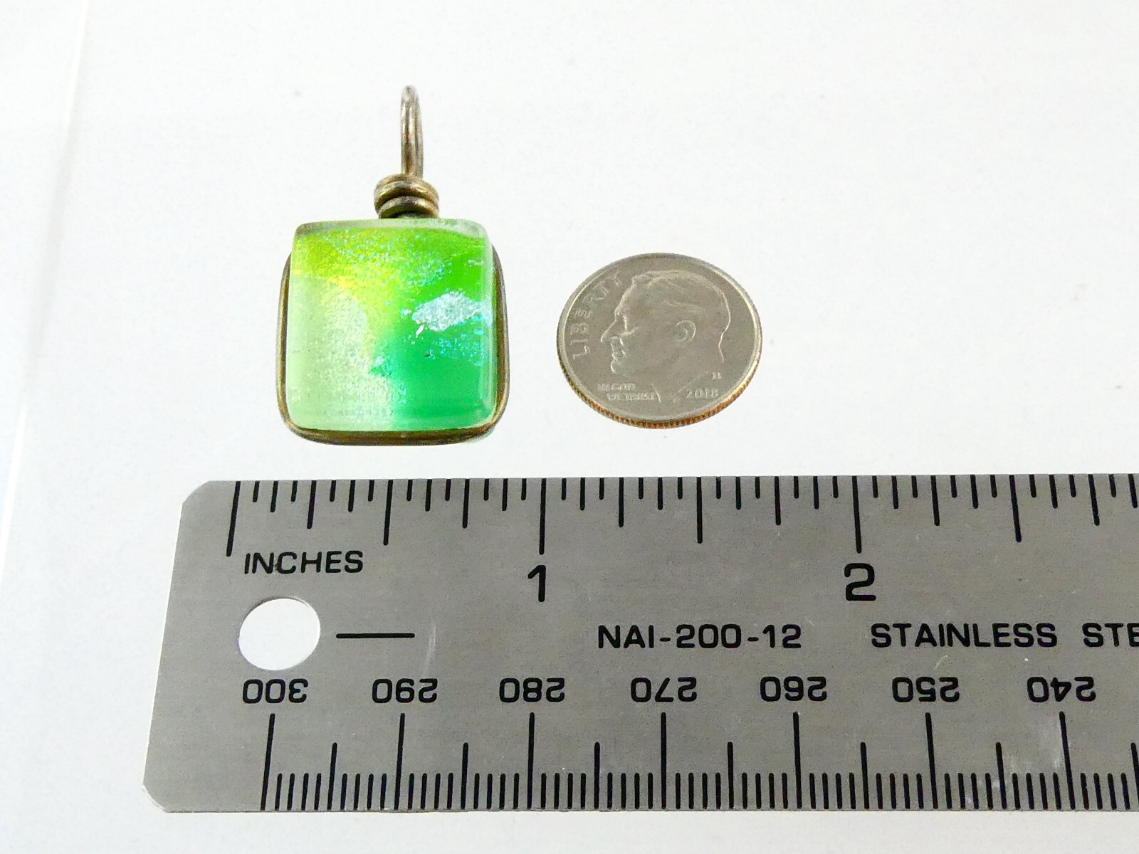 Unmarked Sterling Silver Green Dichroic Glass Wire Wrapped Pendant 8.8g 1 3/8 In