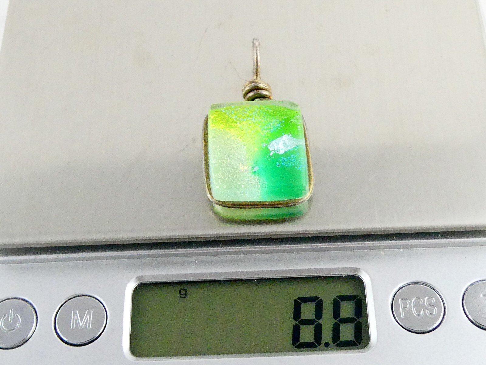 Unmarked Sterling Silver Green Dichroic Glass Wire Wrapped Pendant 8.8g 1 3/8 In