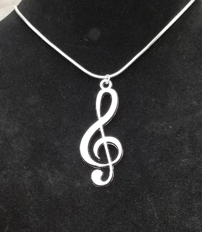 Large Stainless Steel Treble Clef Pendant Necklace, Music Note Necklace