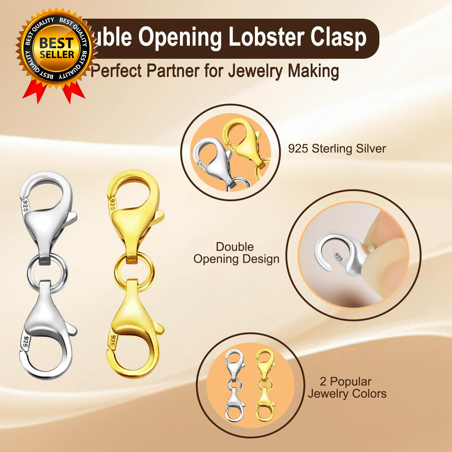 Double Lobster Clasp 925 Sterling Silver Necklace Extenders for Women 9Mm