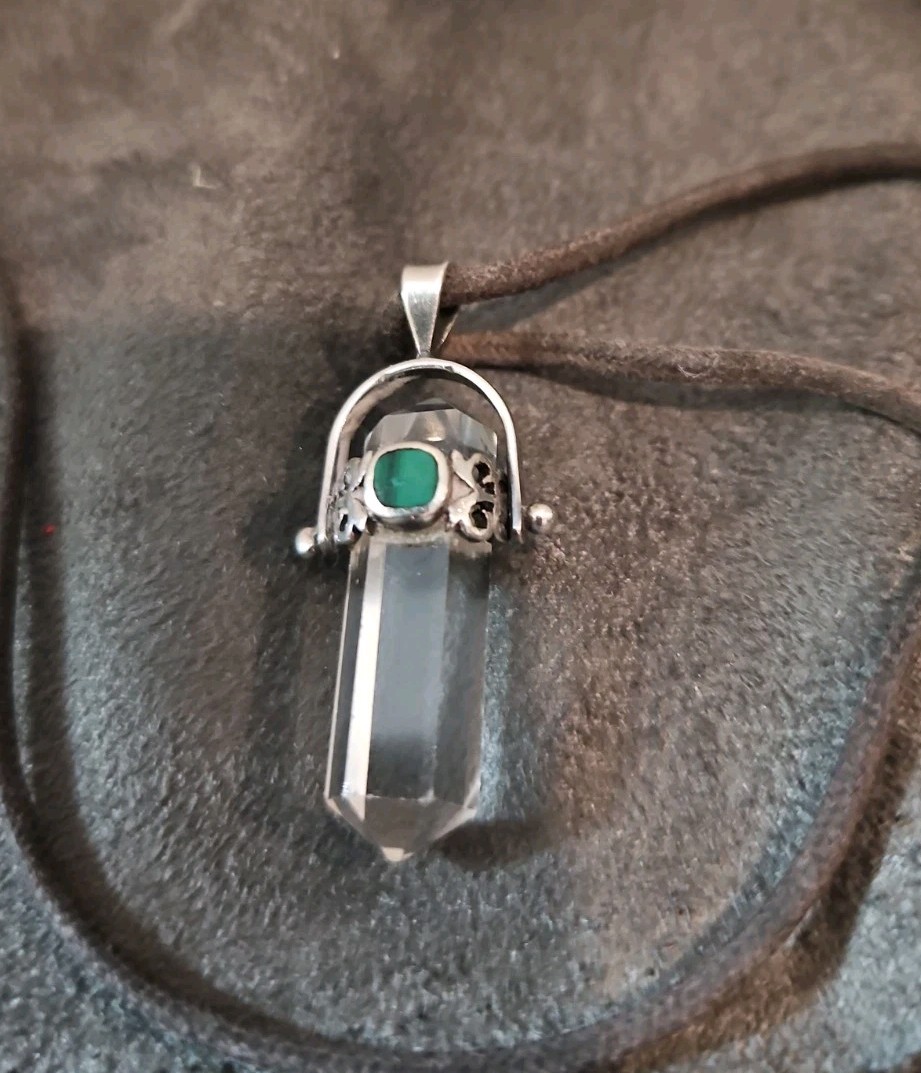 Quartz Point In Sterling Silver Healing Crystal Pendant Faceted Inset Malachite