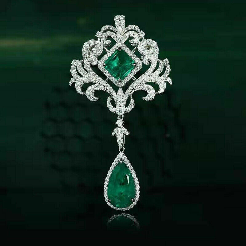 2Ct Asscher Cut Green Emerald Designer Pendant 14K White Gold Finish Free Chain