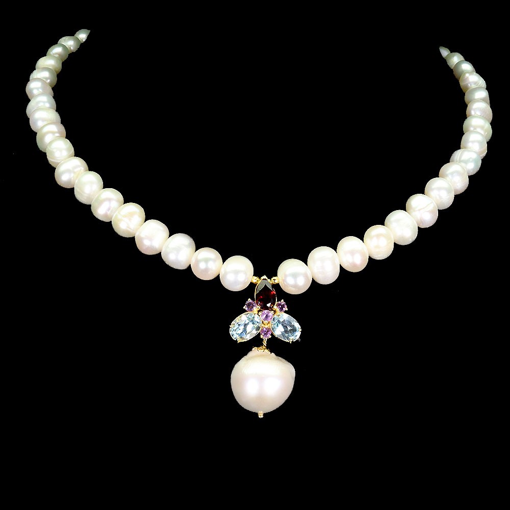925 Sterling Silver Necklace Oval Sky Blue Topaz 8x6mm Pearl Gemstone 16.5 In