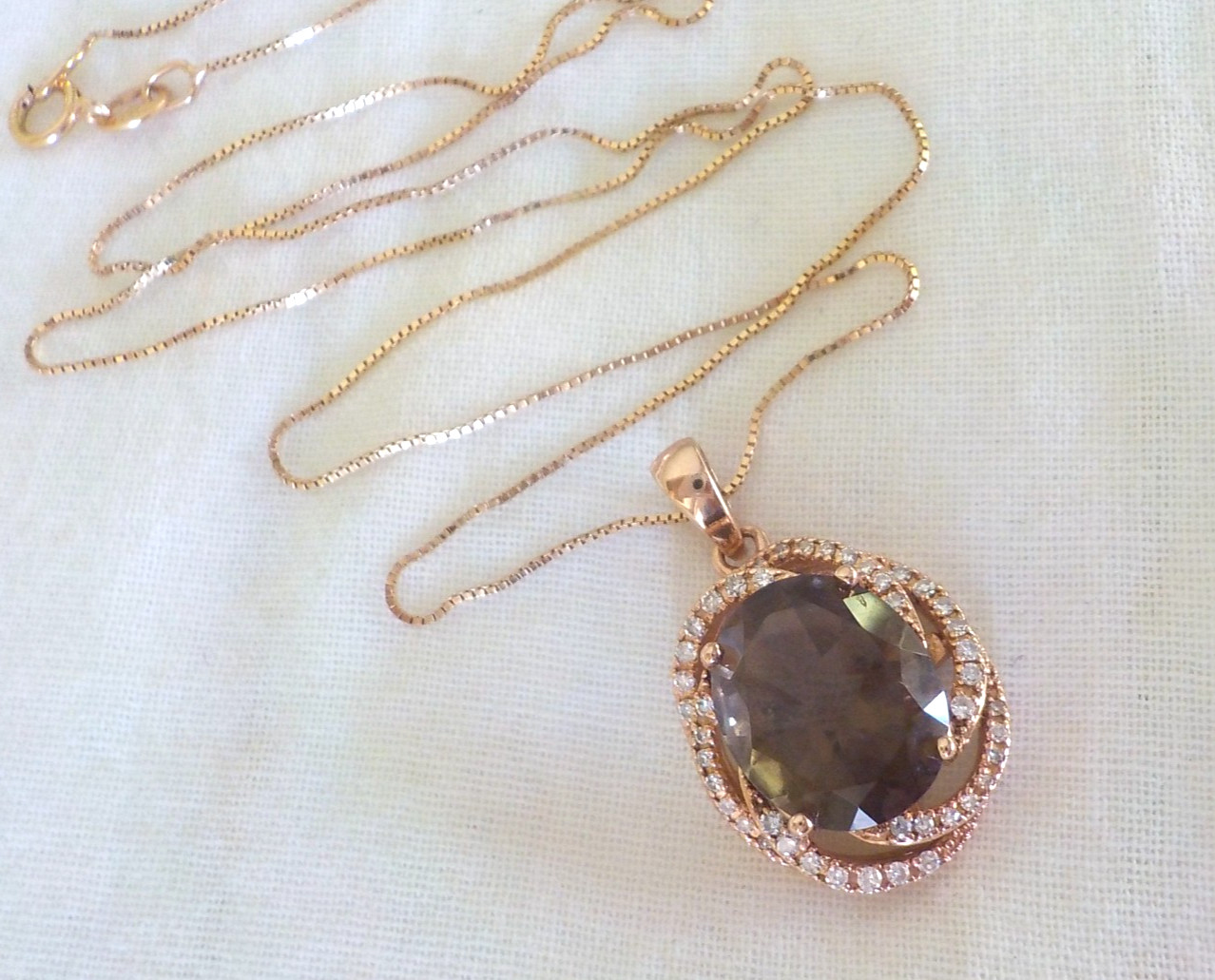 14K Rose Gold Spiral Halo Smoky Quartz Diamond Necklace – 4.20 gms, 18.5 in