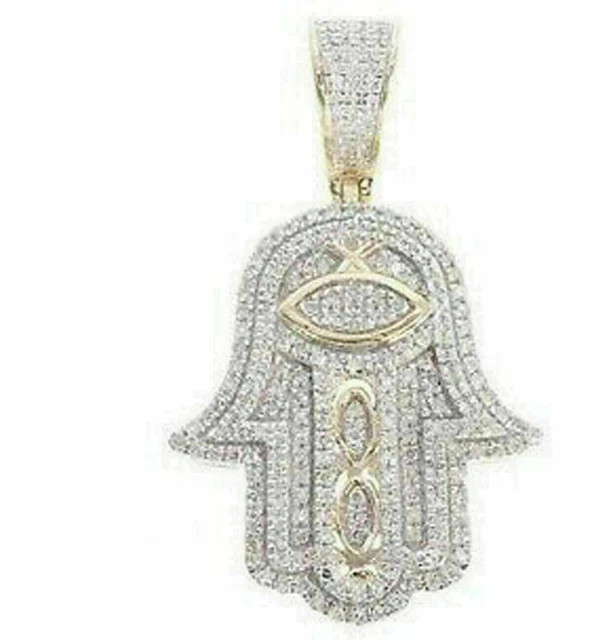 14K Yellow Plated Round Cut Moissanite Micro Pave Hamsa Hand Charm Pendant 2 Ct