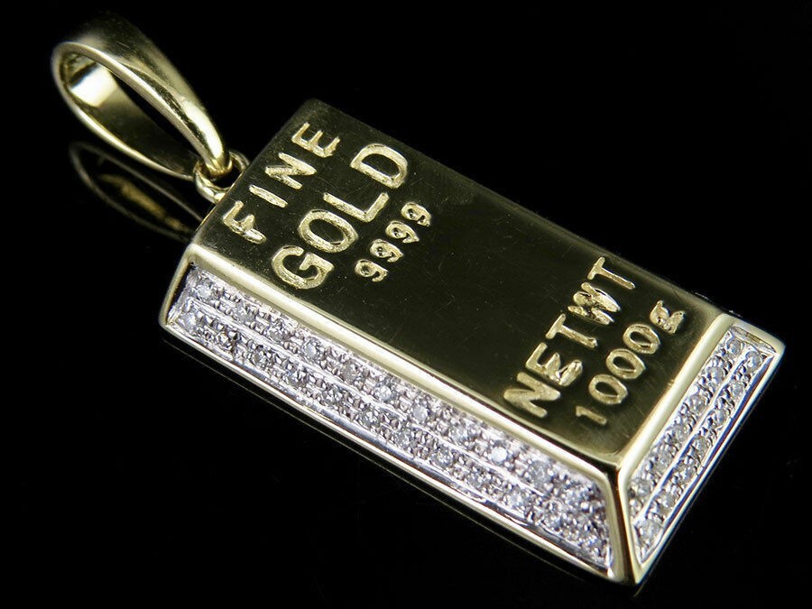 14K Yellow Gold FN Diamond Miniature Gold Brick Bar Pendant .36 Ct 1.2″
