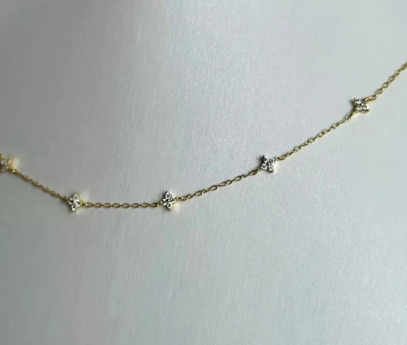 1Ct Lab-Created Diamond Flower Station Necklace In 14K Yellow Gold Finish Silver