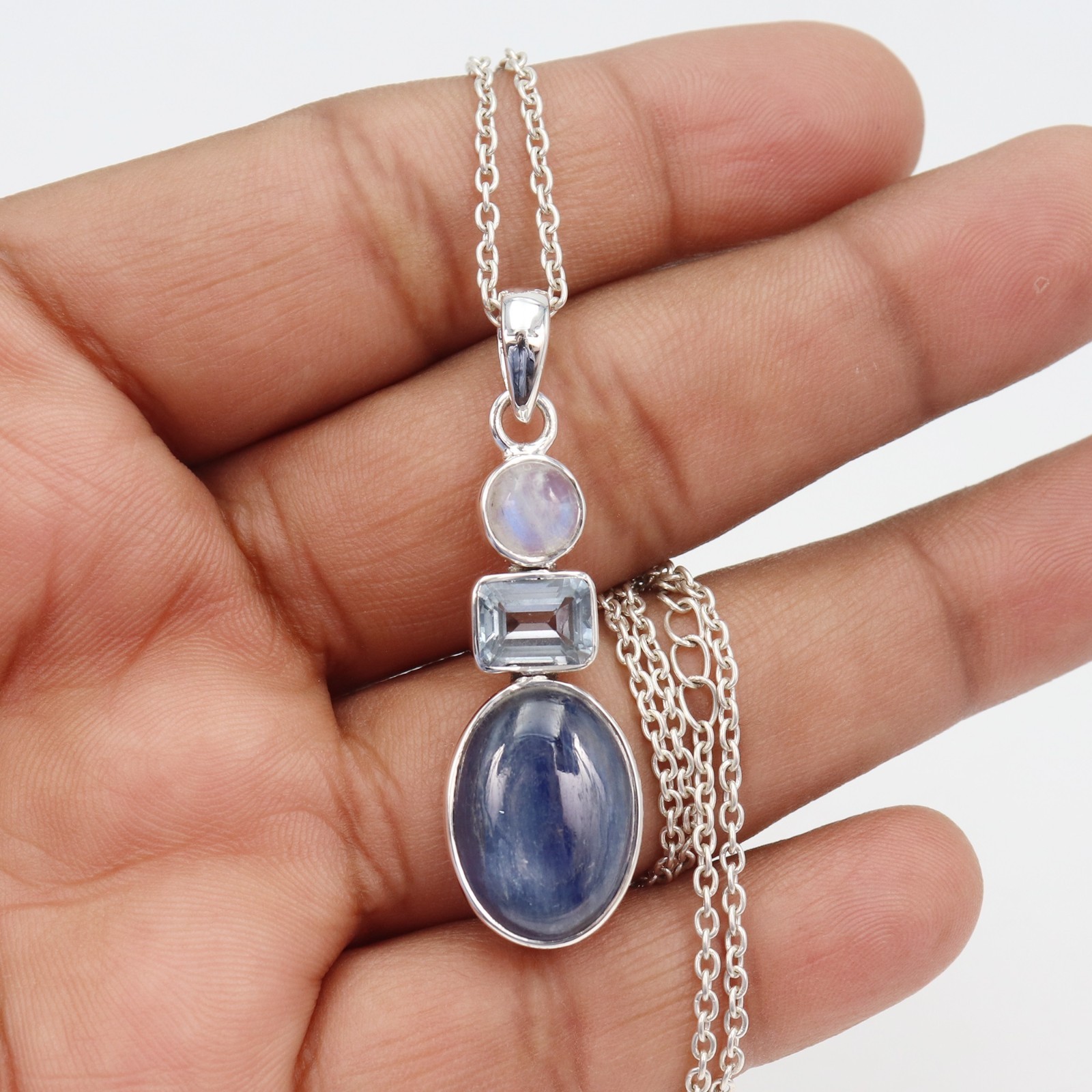 925 Sterling Silver Kyanite Moonstone Blue Topaz Multi Gemstone Necklace