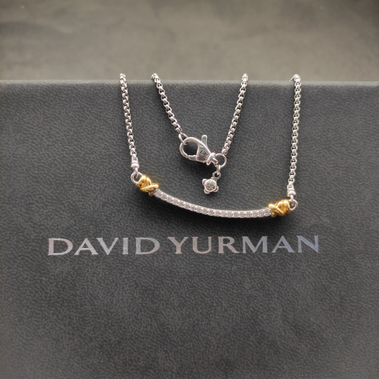 David Yurman 925 Silver 18K Gold Pavé Diamond Bar Adjustable Necklace 55cm