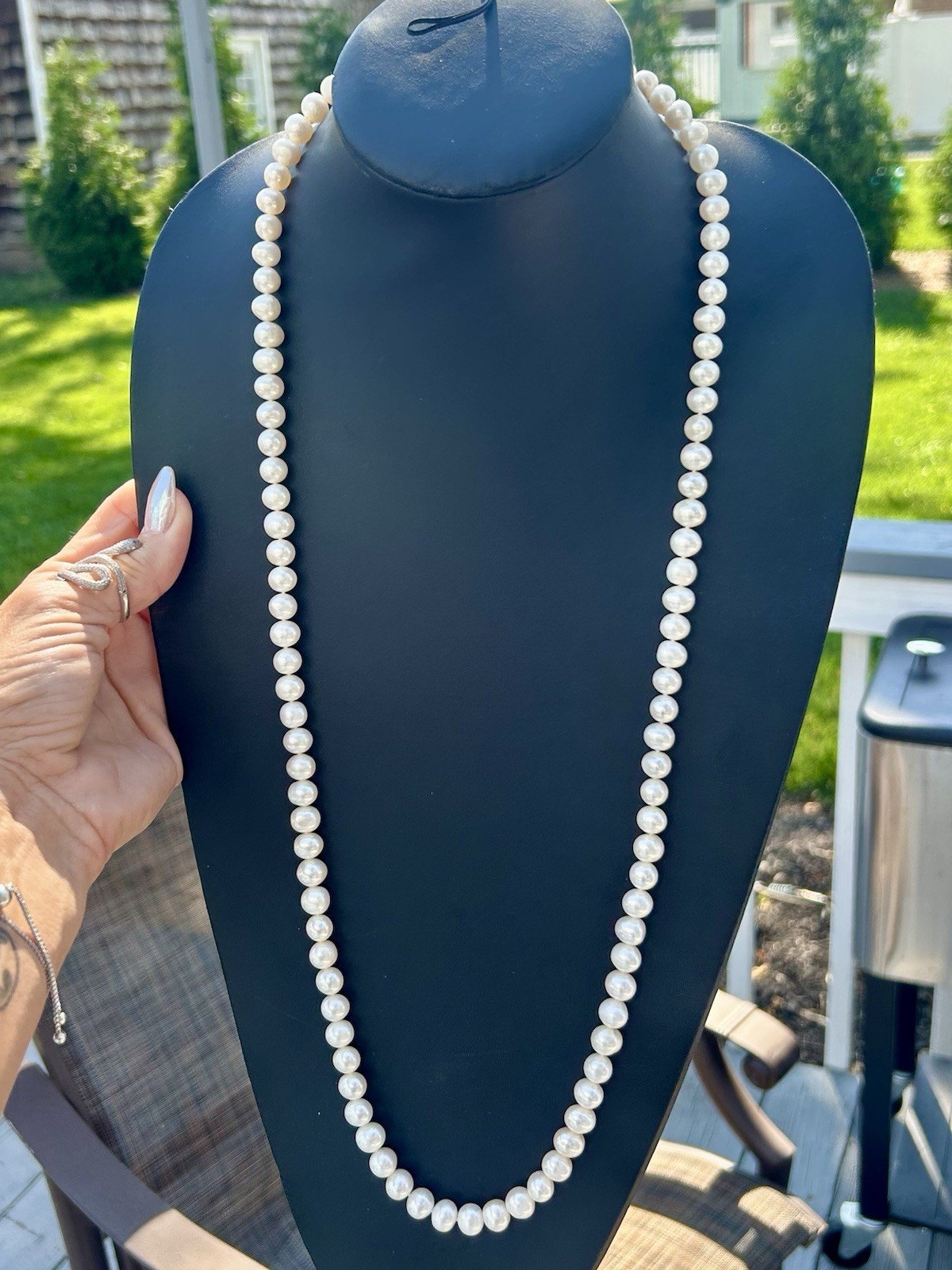 Vintage 34” Cultured Pearl Necklace 14K Gold Clasp Knotted 7.5-8mm Estate
