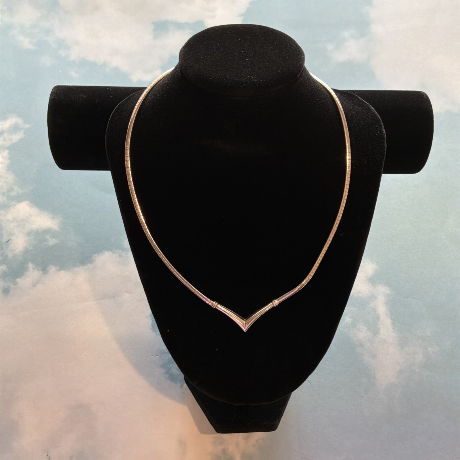 Sterling Silver Snake Chain W/V Shape Collar Necklace, Stamped 925 Made In Italy