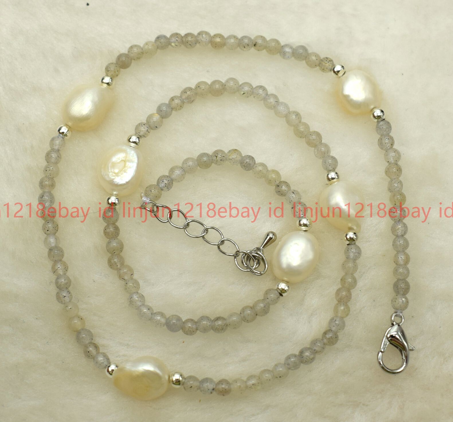 Natural 3mm Gray Labradorite Round Gemstone Beaded White Pearl Necklace 16-28in