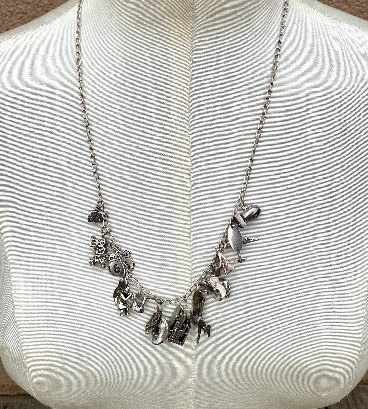 Vintage F. Ropes Sterling Long Chain Multiple Charm Necklace Travel Americana