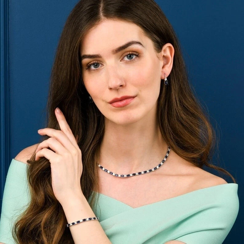 9.55 Ctw Lab Created Oval Blue Sapphire & Diamond Plated Tennis Womens Necklace.