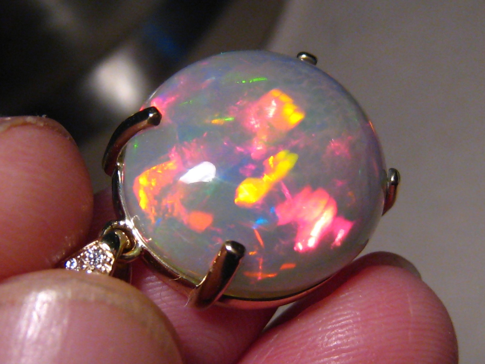 Large 16 ct. Ethiopian Opal and Diamond Pendant , 14 k Gold , Red Harlequin