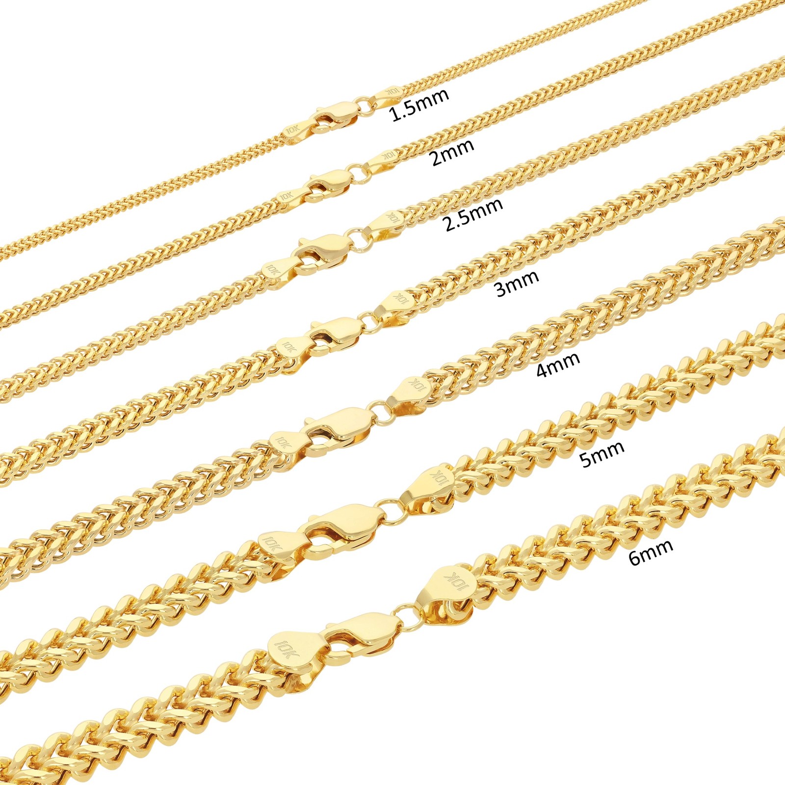 10K Yellow Gold 1.5mm-6mm Square Wheat Box Franco Chain Pendant Necklace 16″-30″