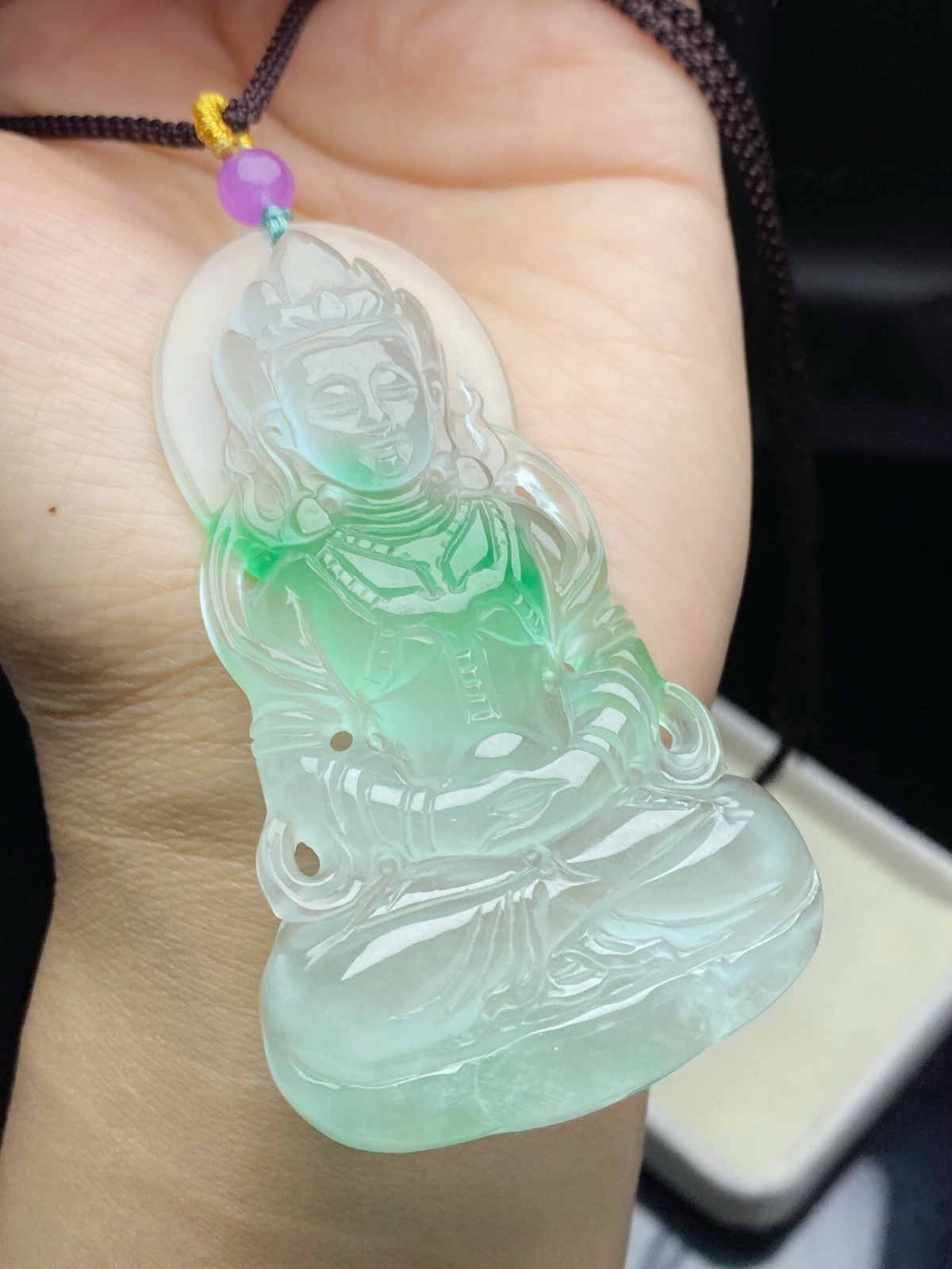 Natural Jadeite light green Carved Guanyin Lucky big Pendant jade Amulet 观音