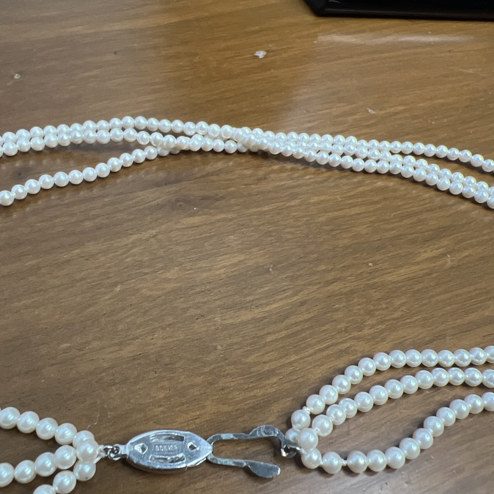 German Vintage G Silver 3 Strand Small Pearl Necklace Faux? ~ 19 Inch