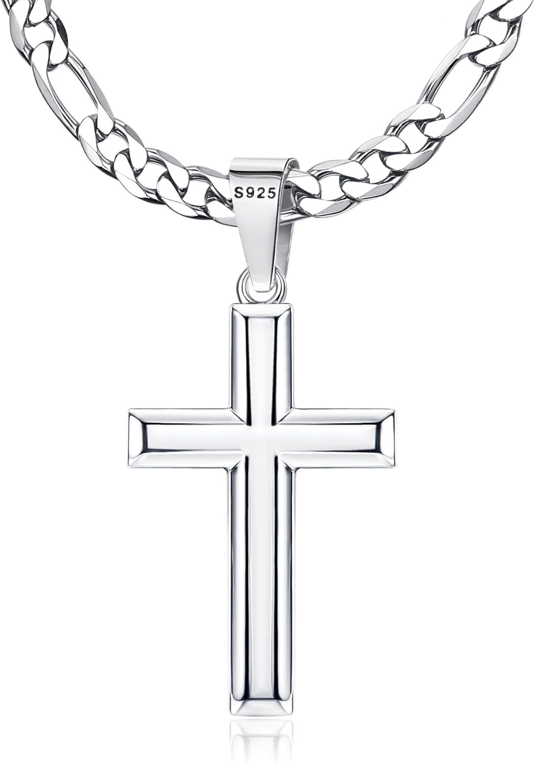 Sterling Silver Cross Necklace with Stainless Steel Figaro Chain for Men and Wom