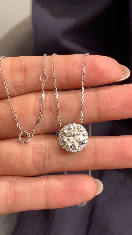 3Ct Round Cut REAL Moissanite Halo Pendant 14K White Gold Plated