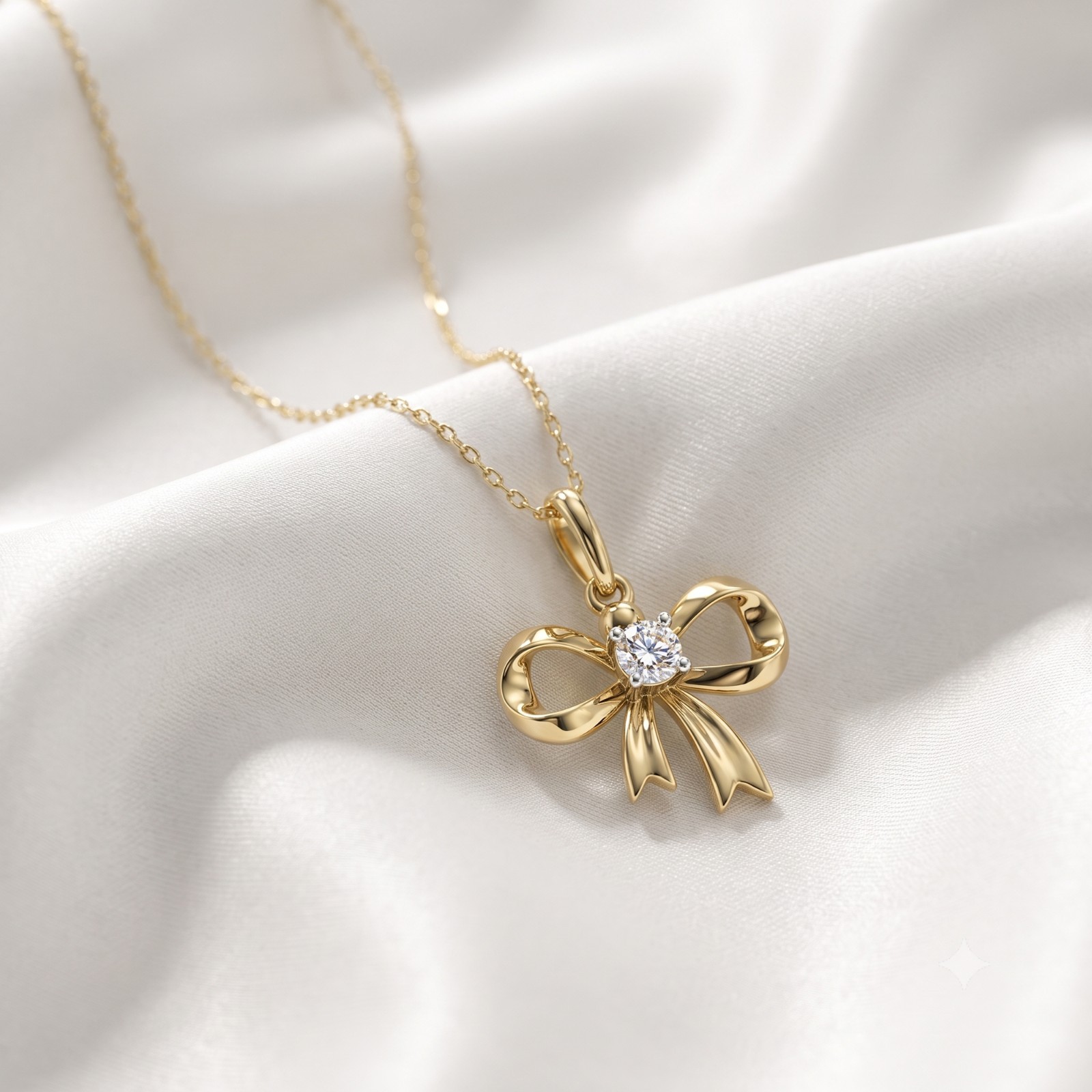 Bow Ribbon Pendant 1/10 Ctw Round Cut Lab Grown Diamond With Chain in 10K Gold