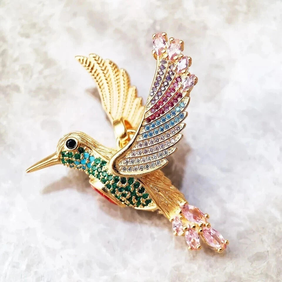1.80Ct Round Cut Lab-Created Emerald Hummingbird Pendant 14K Yellow Gold Plated