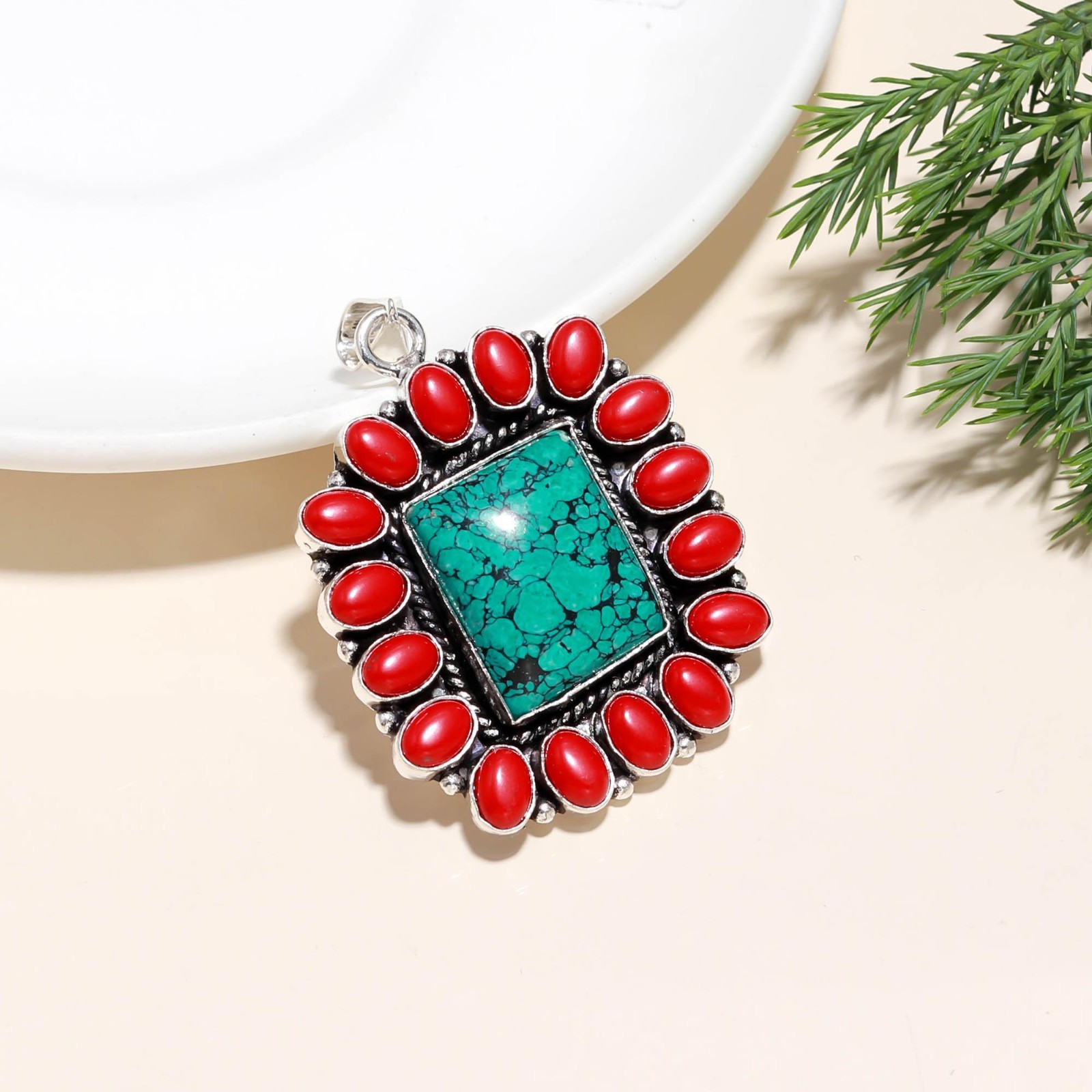 Turquoise & Red Coral Gemstone Handmade 925 Sterling Silver Pendant