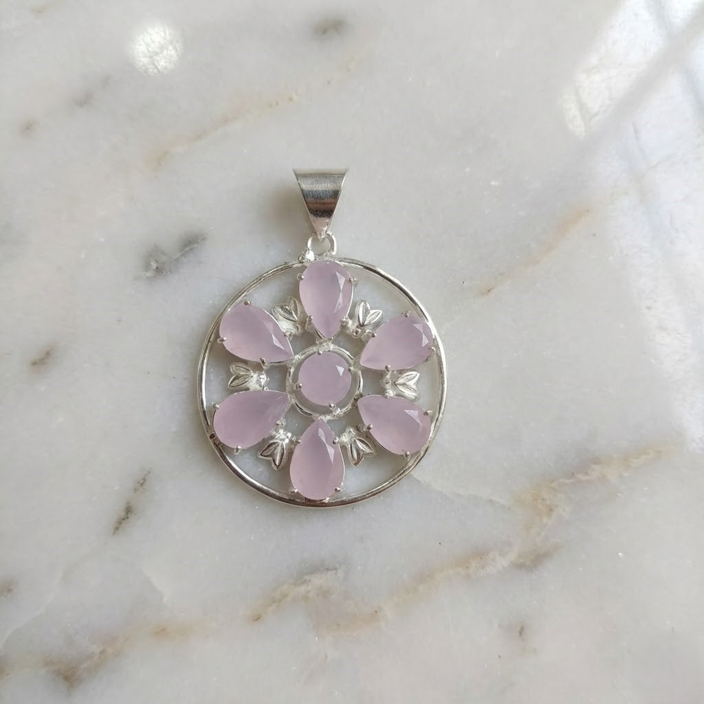 50-55Ct Rose Quartz Pendant Sterling Silver | Pink Crystal Floral Necklace