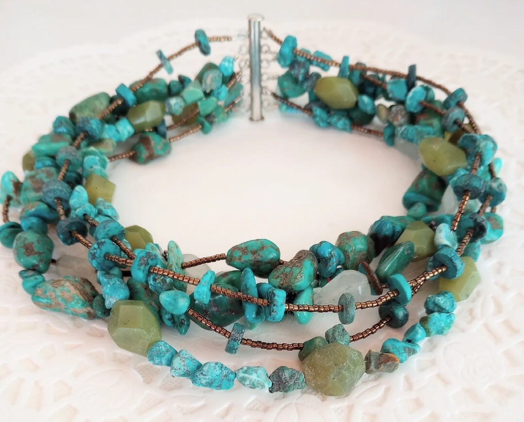 Vintage ? Native American ?Stone Bead Choker 6Row Necklace Turquoise Nuggets 925