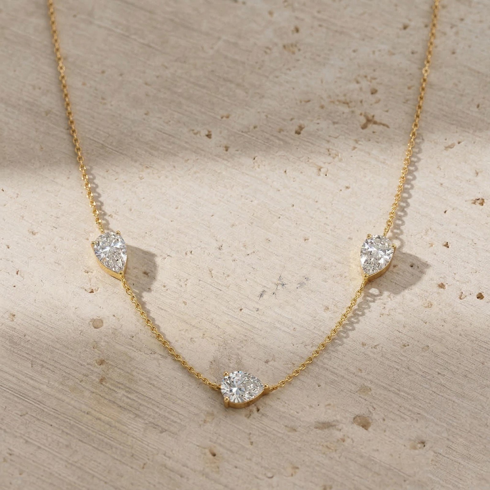 Moissanite Necklace Gold, Pear Zircon Station Necklace, Dainty Clear Gemstone