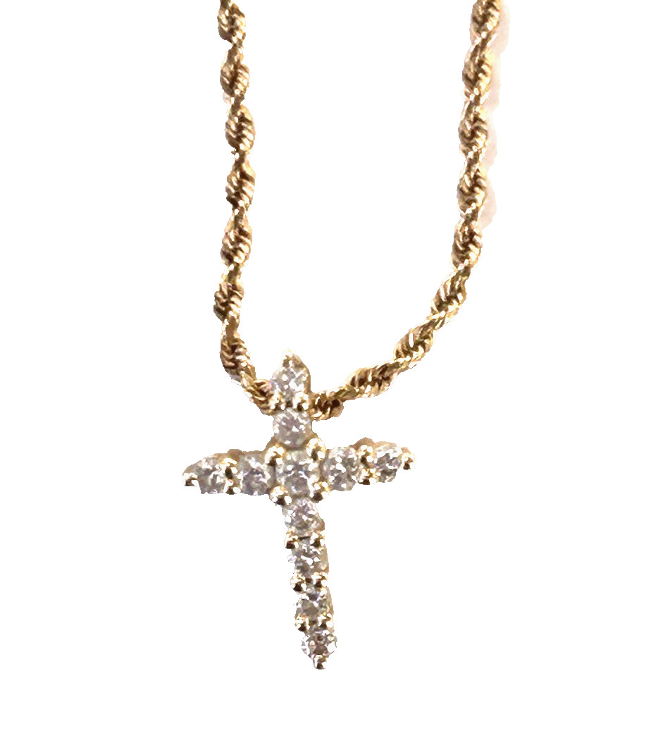 14 Karat Gold Diamond Cross Pendant & Chain Stamped 14K With IGI Summary Report
