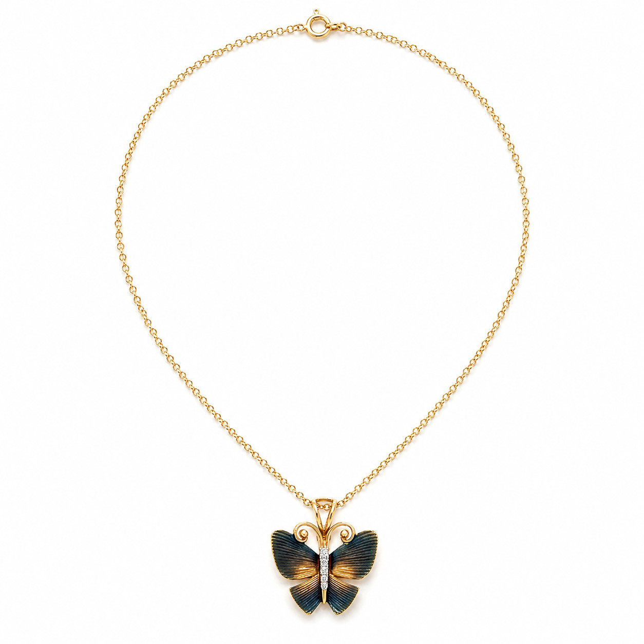 Natural Diamond Butterfly Pendant Necklace 14K Yellow Gold, Diamond Necklace