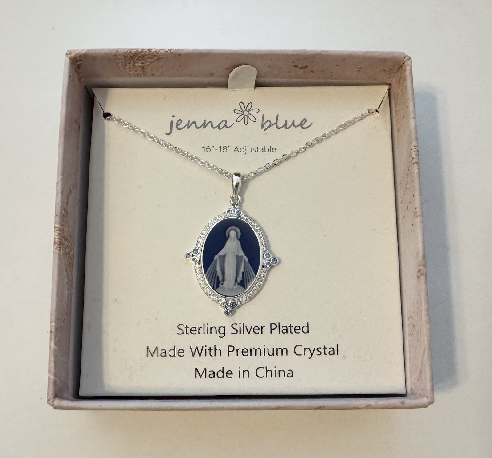 NIB Jenna Blue Premium Crystal Sterling Silver Blue Mother Mary 16” 18” Necklace
