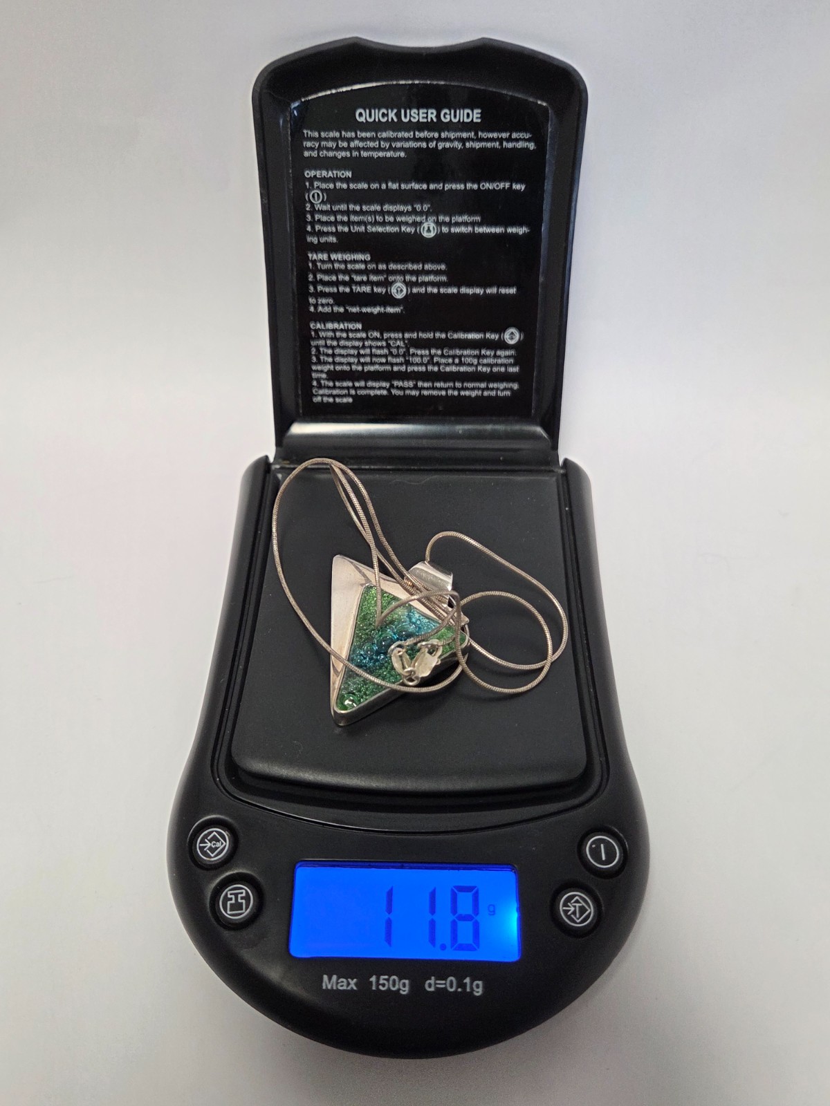Dichroic Glass Sterling Silver Triangle Pendant Necklace 18″ Green Blue Bubbles