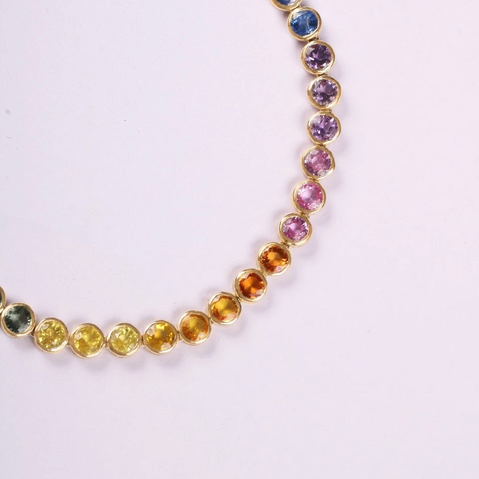 Rainbow Sapphire Tennis Necklace Solid 14kYellow Gold Layering Colorful Necklace