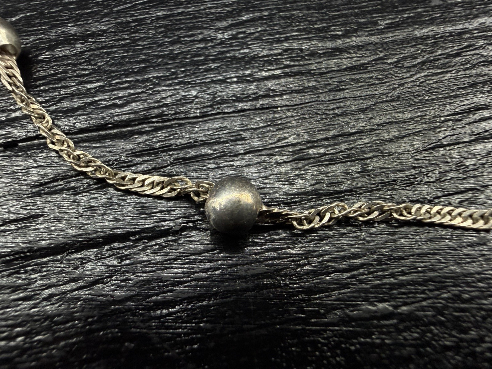 Sterling Silver 925 Italy Ribbed Station Bead Chain Necklace 17.75”