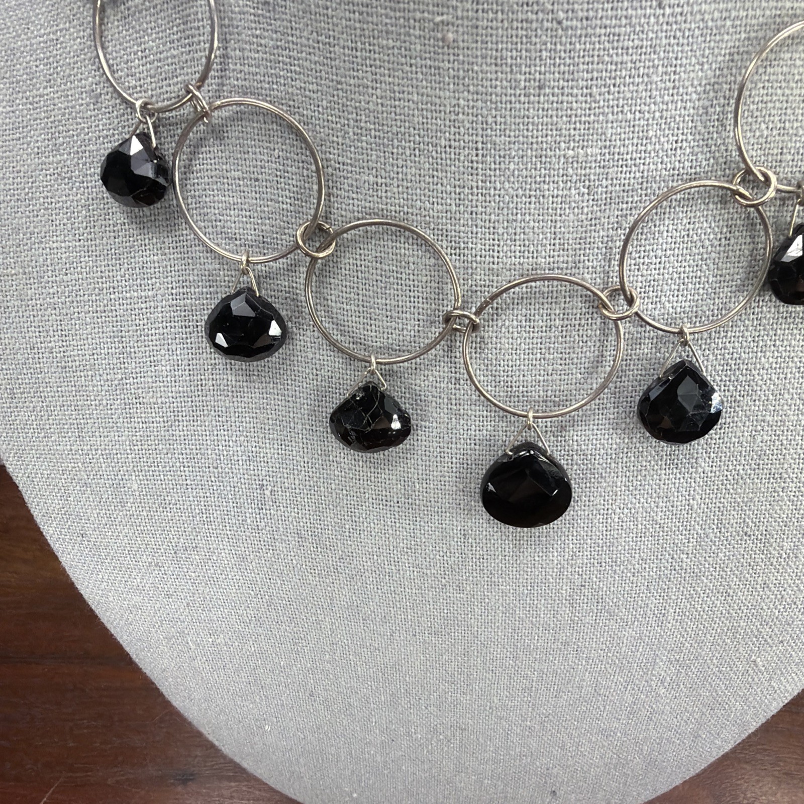 CHAN LUU Layered Necklace Silver Circle Strand Black faceted Crystal Boho 15.5″