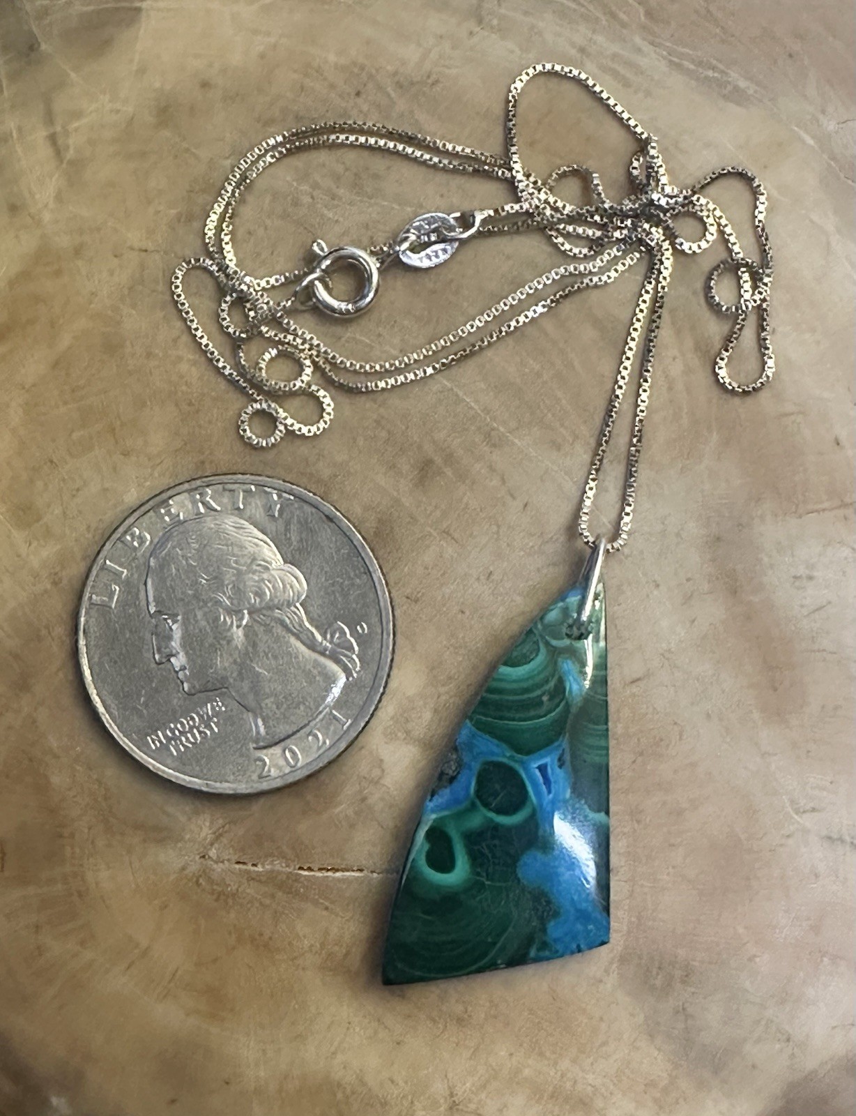 Cool Natural Chrysocolla Malachite Cabochon 925 Silver Necklace 20 In