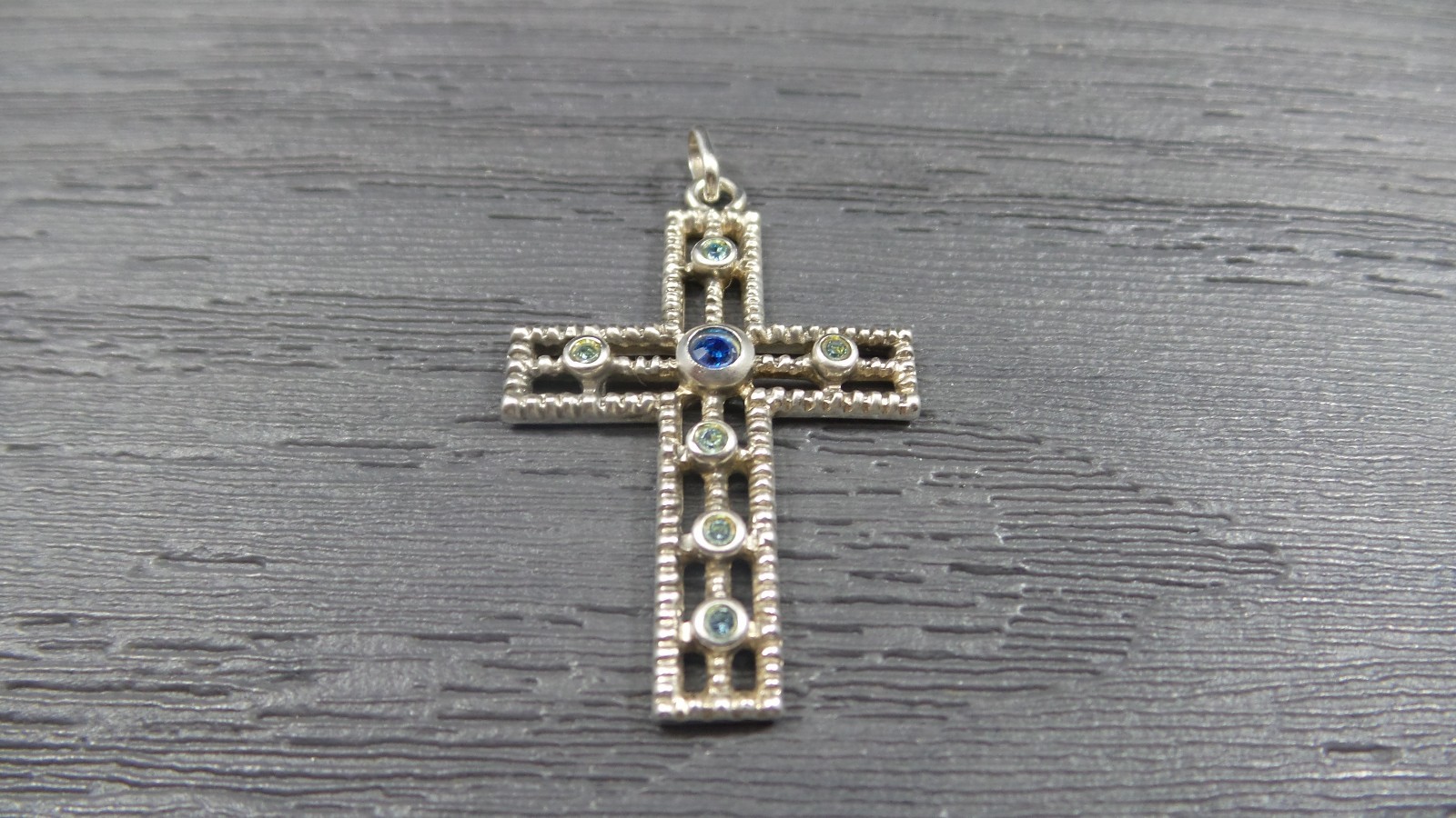 Vintage Sterling Silver Larger Green Blue Stone Religious Cross Rope Pendant