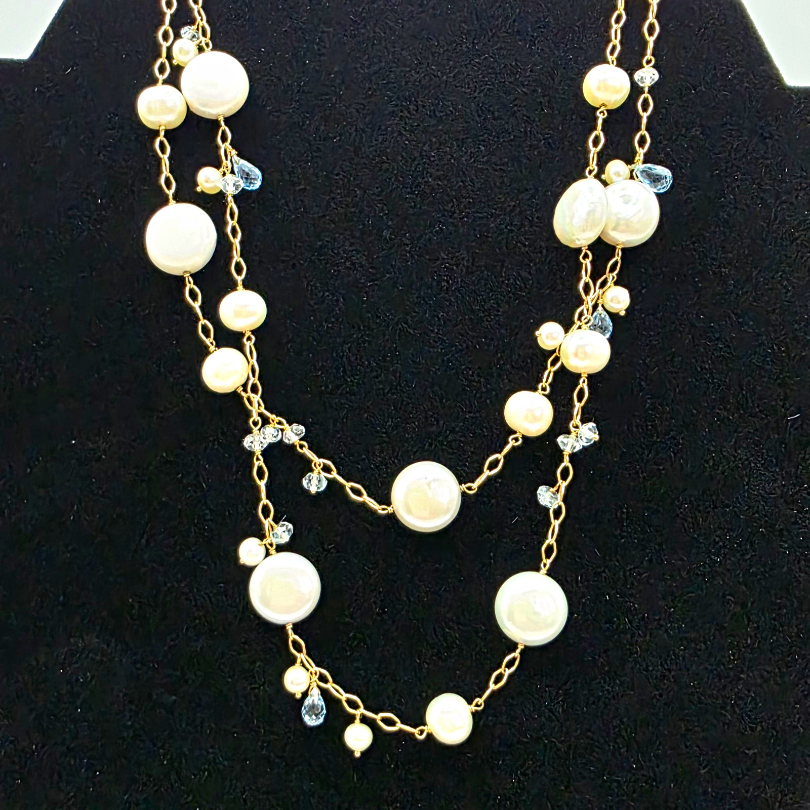 Zoe B 14k Gold Pearl Aquamarine Blue Topaz Station Necklace 30″ Vintage