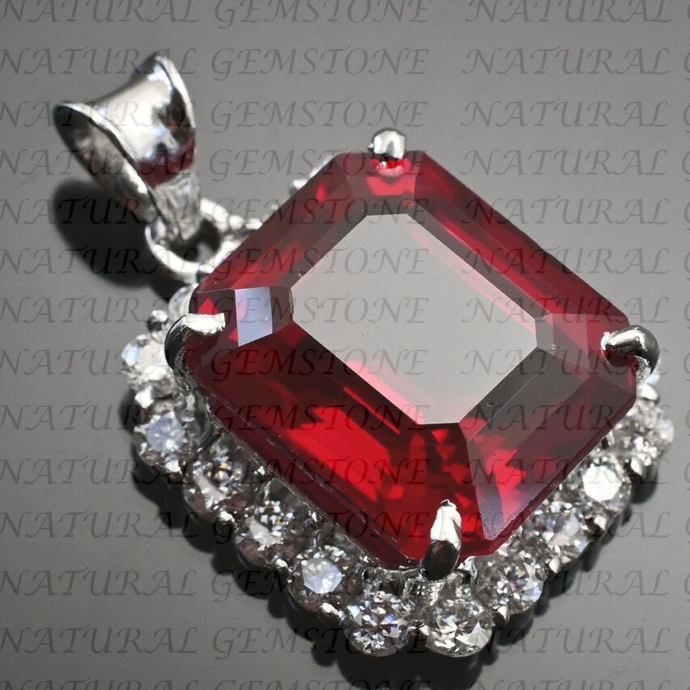 7.00Crt Emerald Shape Natural Garnet and Diamond Pendant 18K White Gold Plated