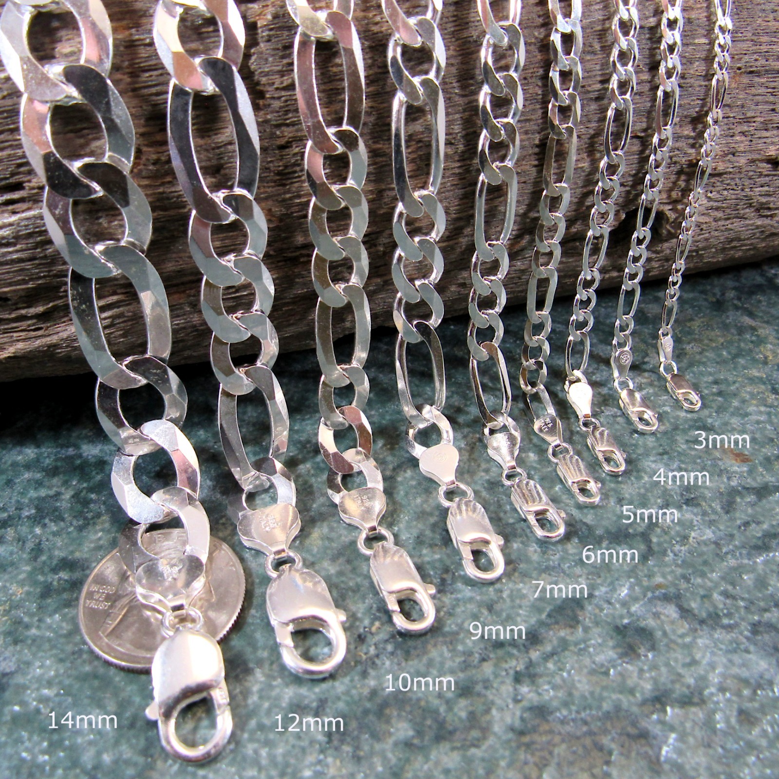 3MM or 5MM Solid 925 Sterling Silver Men’s FIGARO Chain Necklace Made In Italy