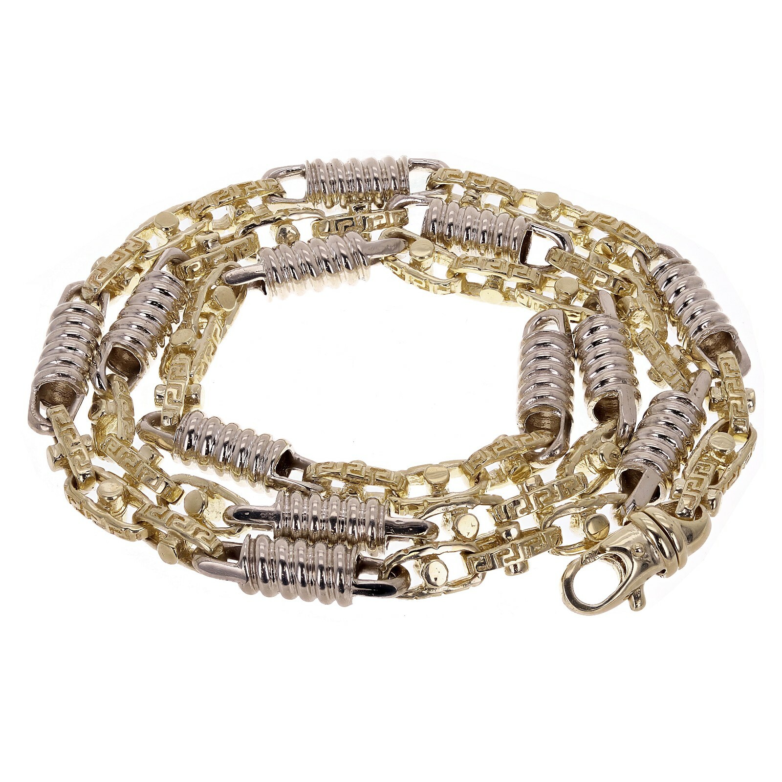 10k Yellow & White Gold Handmade Spring & Greek Link Necklace 22″ 7mm 71.5 grams
